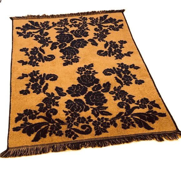 Vintage SEARS Navy Blue Rusty Gold Florals Bath Towel 25"x41" Reversible - Picture 4 of 10